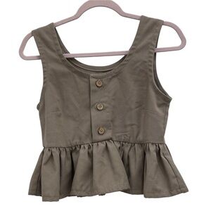Peplum Crop Top Neutral Boho Button Detail Sleeveless Ruffle Hem Cottagecore